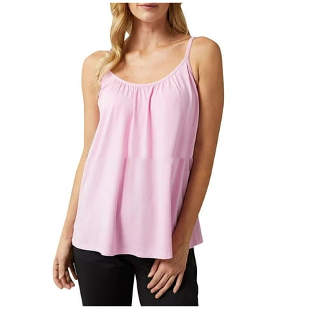 Tmtolofot Built In Bra Tank Tops for Women Lightweight Comfy Summer Beach Camisole Basic Solid Color Vest Shirring Hem Loose Shirts 2024 Shelf Bra Padded Shirt 1_Pink Medium
