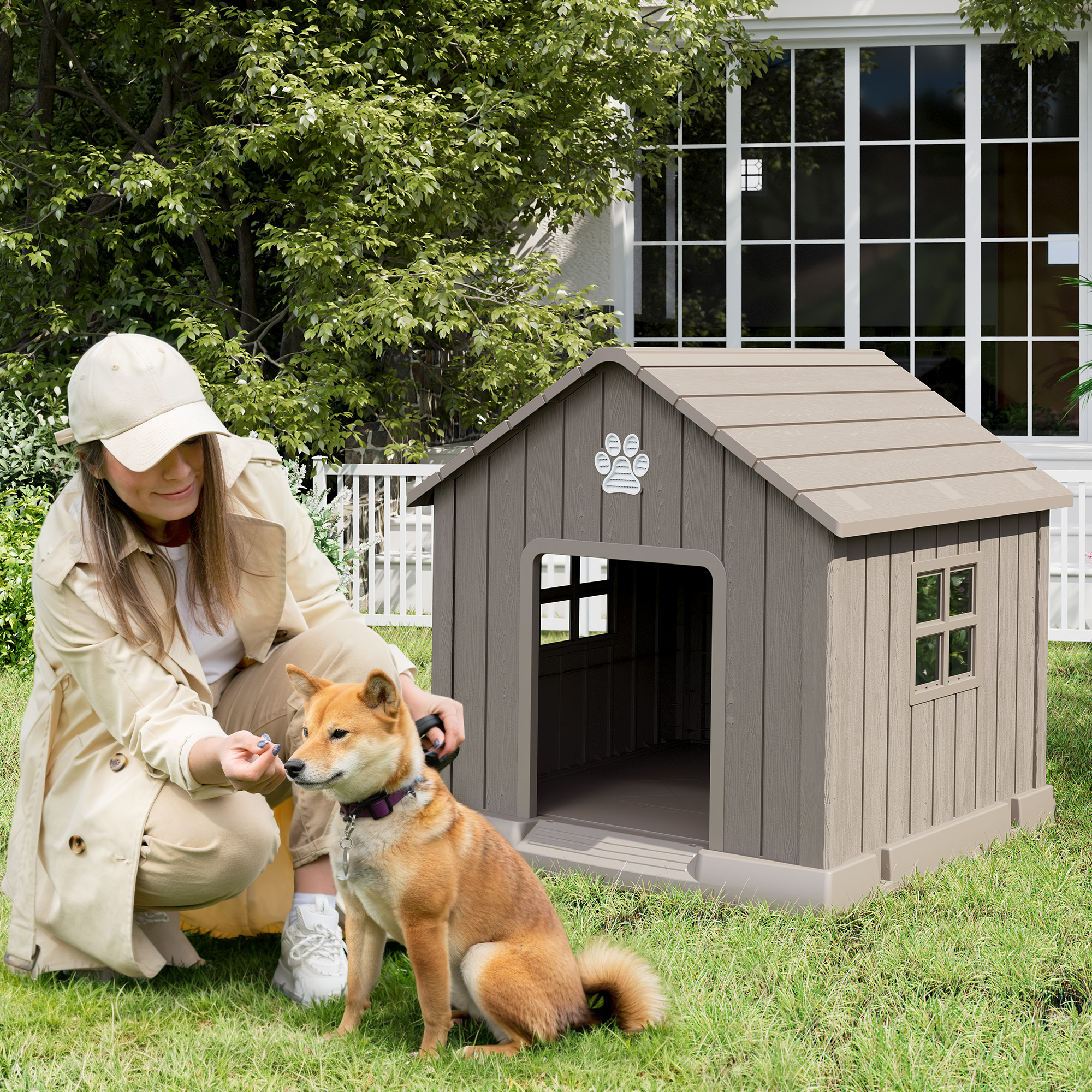LHBcraft Dog House,Weatherproof Resin Shelter with Air Vents and Elevated Floor for Small-Medium Dogs,Dog kennel for Indoor&Outdoor,Gray,32.3" L x 29.9" W x 32.5" H