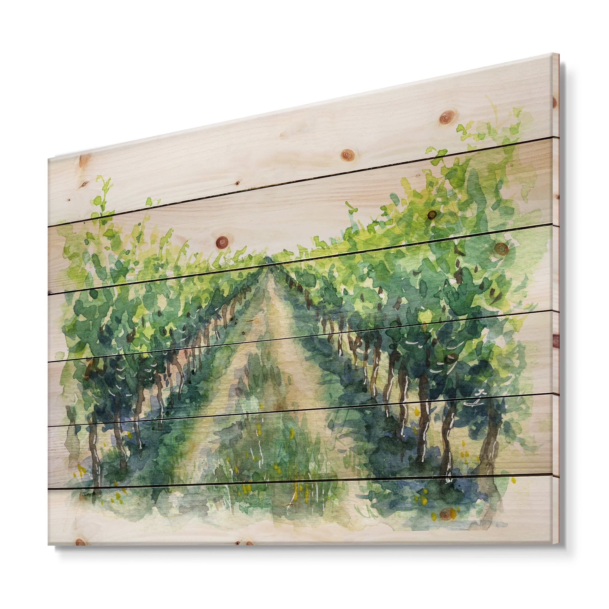 Designart 'Rural Scene Vineyard Path' Traditional Print on Natural Pine Wood