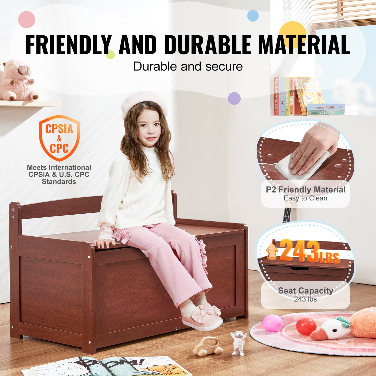 VEVOR Wooden Toy Chest for Kids, Toddler Toy Storage Box with Flip-Top Lid and Safety Hinge, 32.68 x 17.91 x 24.02" Large Kids Storage Bench for Playroom, Bedroom, Living Room or Entryway, Cherry