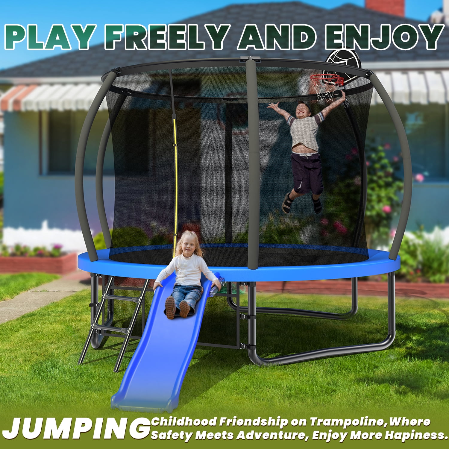 Mersco 10FT Heavy Duty Backyard Trampoline with Enclosure Net, Slide and Basketball Hoop , Ideal Birthday and Holiday Gift,Blue
