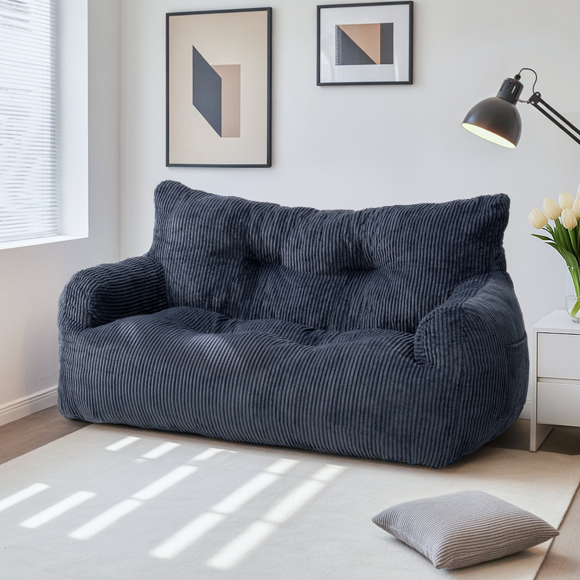 Pamapic Blue Bean Bag Chair, Double Seater Corduroy Lazy Sofa