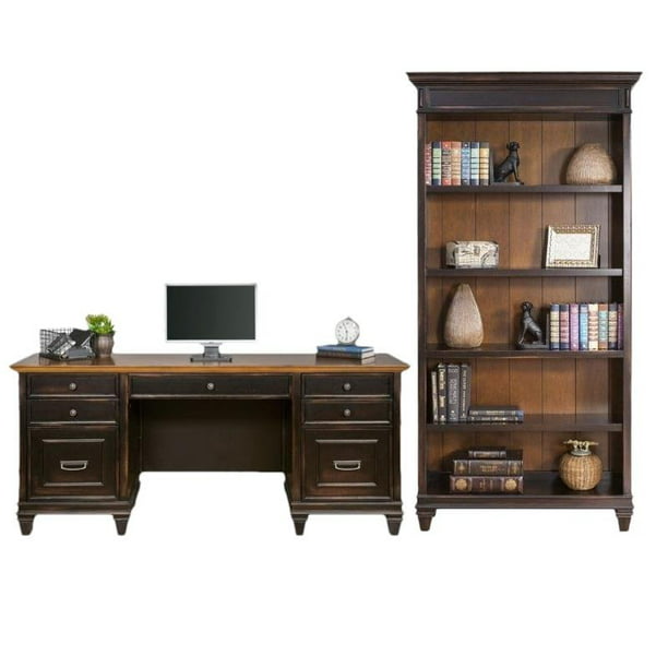 Two Tone Distressed Black, Computer Desk And Bookcase Set