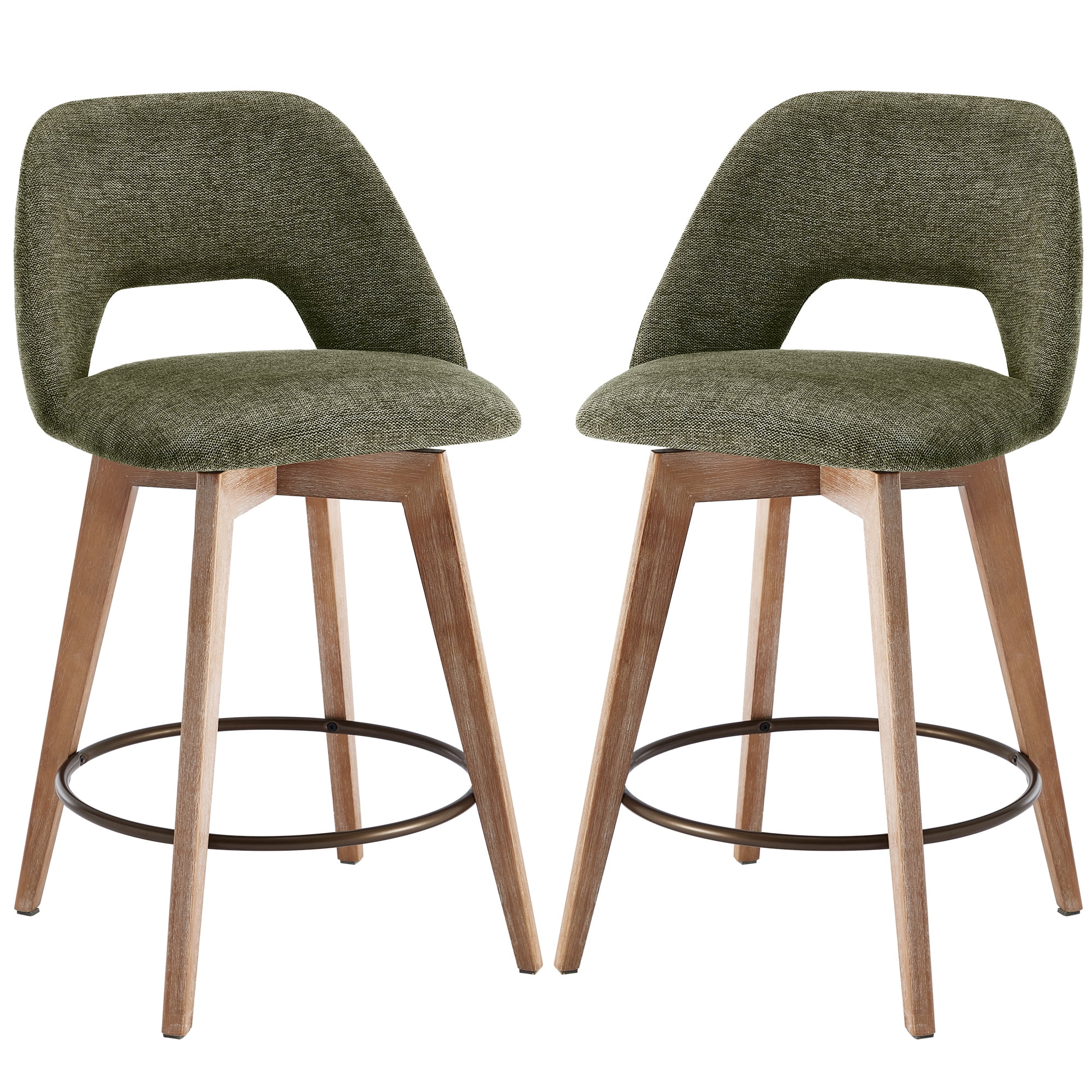 Zesthouse 26.8" Swivel Bar Stools Set of 2, Linen Upholstered Counter Height Stools with Open Back and Brushed Wooden Legs, Mid Century Barstools Kitchen Bar Chairs for 36"-39" Countertop, Green