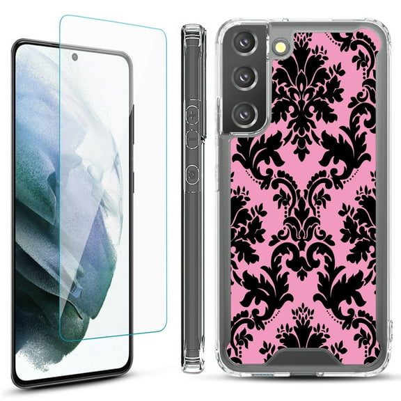 Shockproof Bumper Phone Case for Samsung Galaxy S22  / S22 Plus 5G, with Tempered Glass Screen Protector, by OneToughShield ® - Victorian Pink/Black