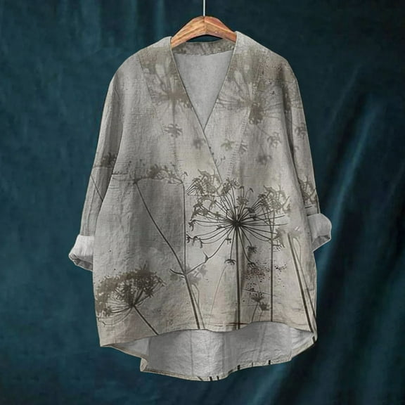 Gray Women's Long Sleeve T-shirt, Cotton Linen Shirts For Women 2024 V Neck Long Sleeve Tops Summer Trendy Blouses Casual Loose Tunic Tops,Women's Long sleeve T-shirt 3XL