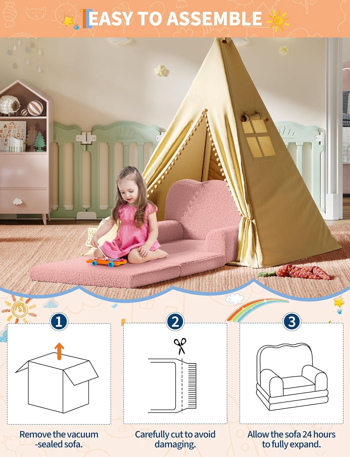 2-in-1 Convertible Kids Couch - Soft Teddy Fleece Toddler Sofa Chair and Fold Out Lounger, Pink