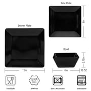 TP 12-Piece Classic Square Melamine Dinnerware Set, Plates and Bowls Set, Service for 4, Black