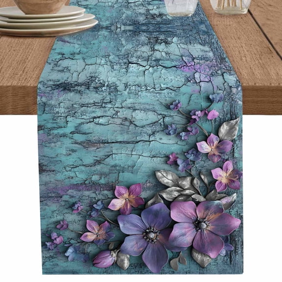 nqOlkjepod Purple Floral Table Runner 36 Inches Long Farmhouse Dress Scarves, Vintage Cracked Wall Country Rustic Dining Tablerunner for Coffee Table/Kitchen Island/Party Décor, Small 13" x 36"