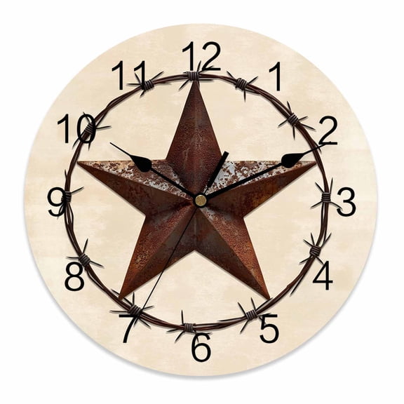 Wall Clock 12 Inch West Texas Star Round Silent Decorative Wall Clocks Battery Operated for Living Room Bedroom Kitchen Classroom Decor, Rustic Country Star,Large