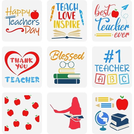 9Pcs 9 Styles PET Hollow Out Drawing Painting Stencils for DIY Scrapbook Photo Album Teachers' Day Pattern 150x150mm 9 styles 1pc/style 9pcs/set.