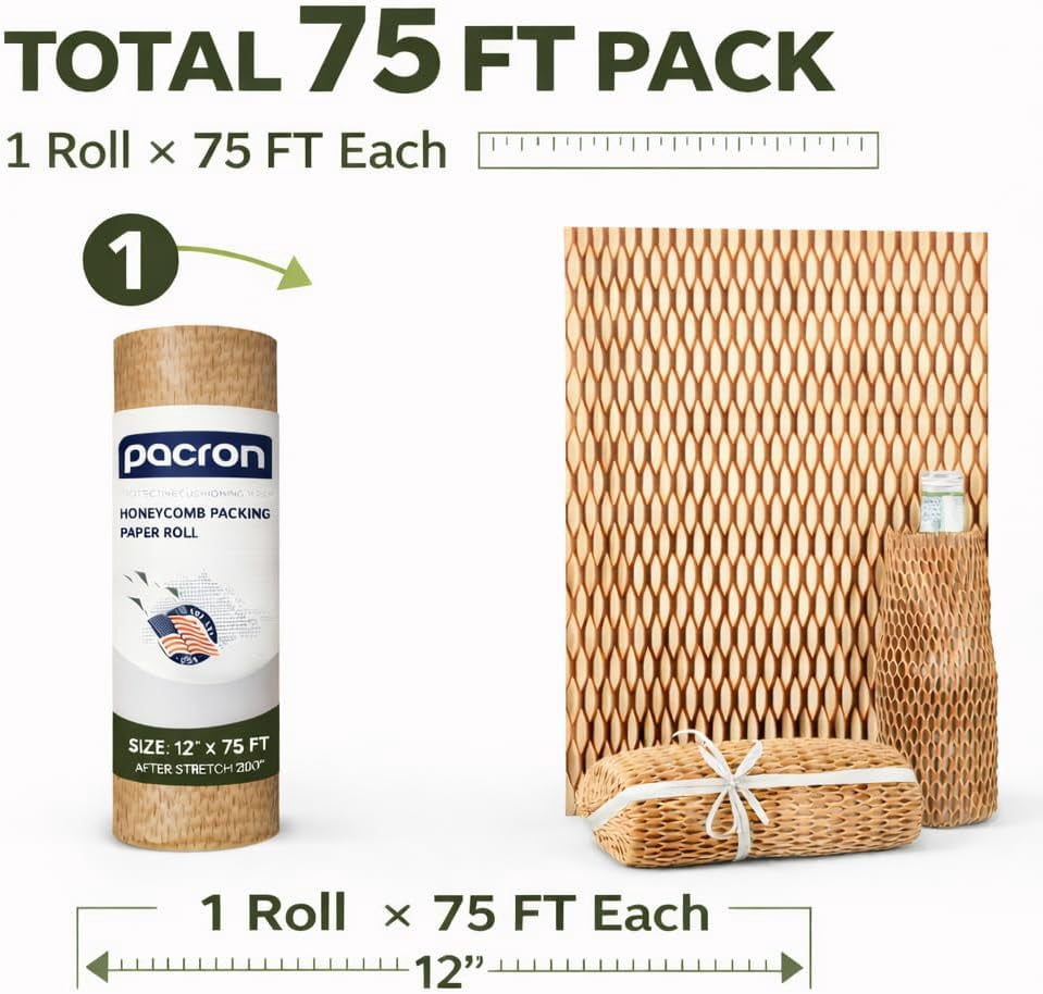 Pacron Recyclable Honeycomb Packing Paper Roll 12x75 – Eco Kraft Wrap for Moving