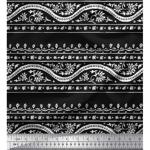 Soimoi Rayon Crepe Fabric Leaves & Floral Block Decor Fabric Printed Yard 46 Inch Wide