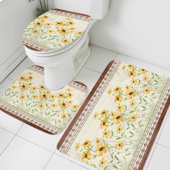 Farmhouse Flowers Bathroom Rugs Set Yellow Dasiy Leaf Beige Brown Geometric Non Slip Absorbent Soft Bath Mats 3 Piece Set with Bathroom Rug, U-Shaped Floor Mat, Toilet Seat Cover Large Size