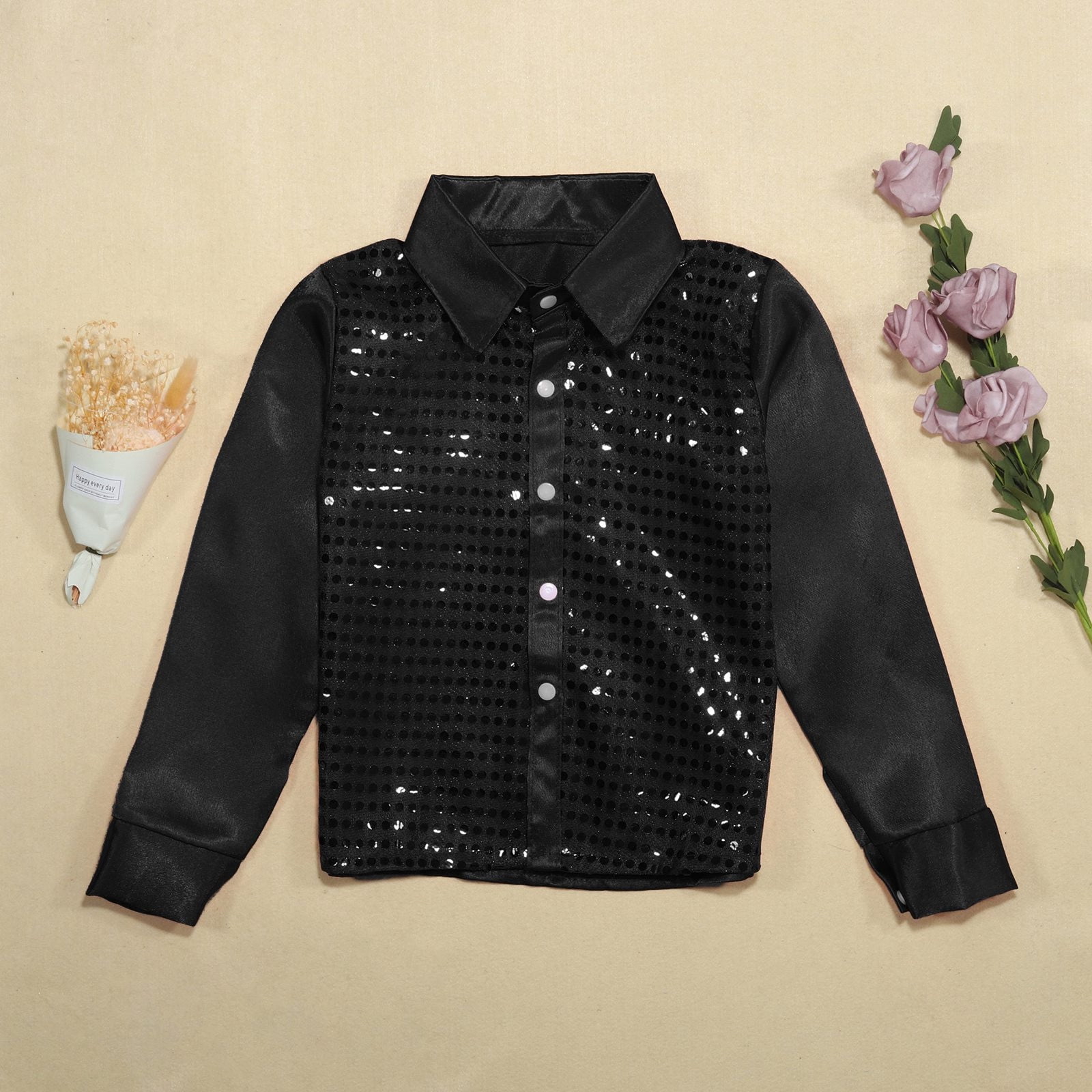 OOOUM Kids Long Sleeve Kids Sparkly Sequins Dance Top Boys Long Sleeve Button Down Shirt Jazz Dance Performance Black 9-10 Years