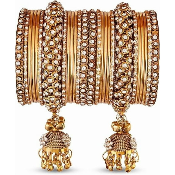 Traditional Indian Bangle Set for Women – Gold Plated Ethnic Metal Bangles with Rhinestones – Handmade Filigree Bridal Jewelry – Wedding & Festival Designer Accessories