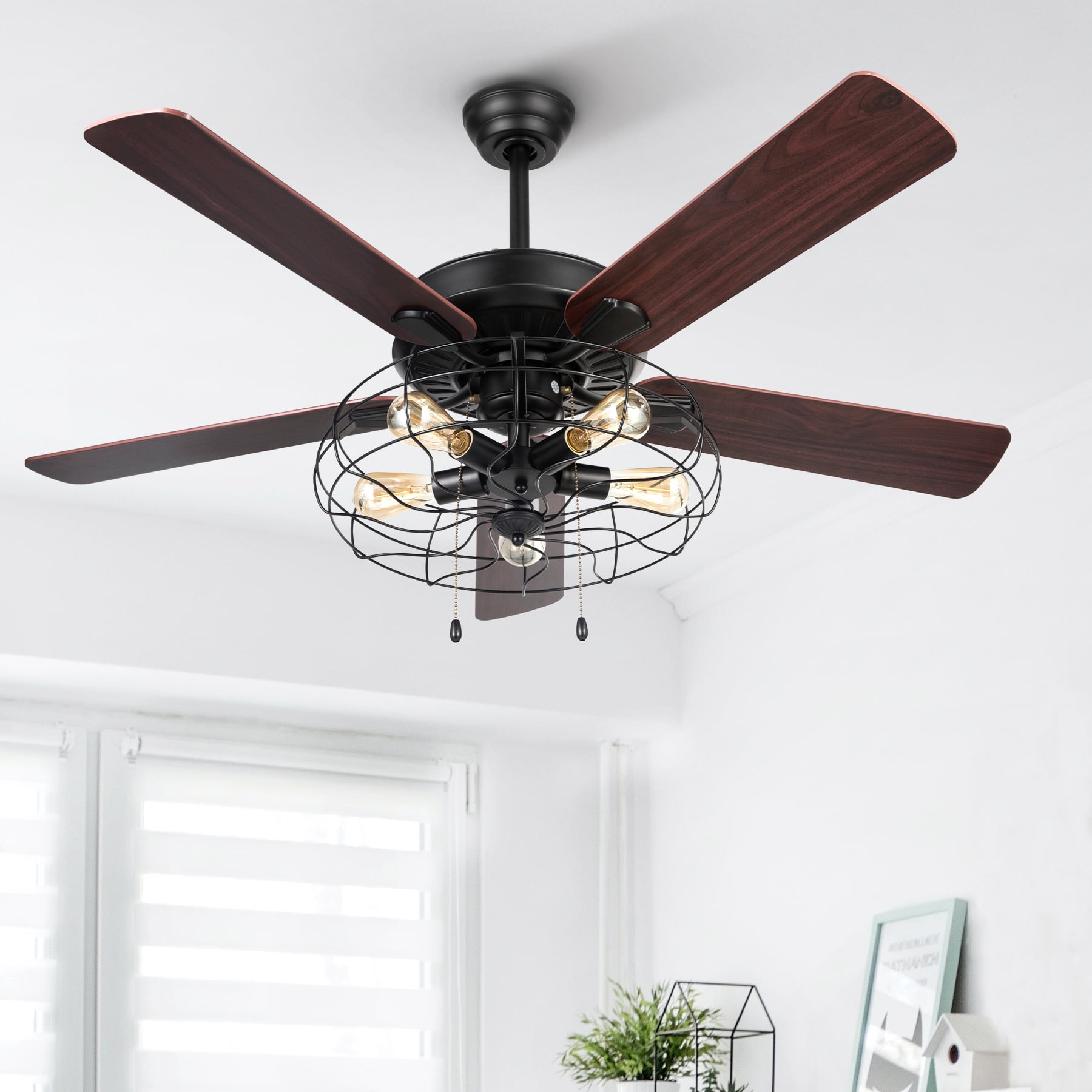 52" 5Light Industrial Caged Ceiling Fan with 5 Plywood Blades 2 Pull