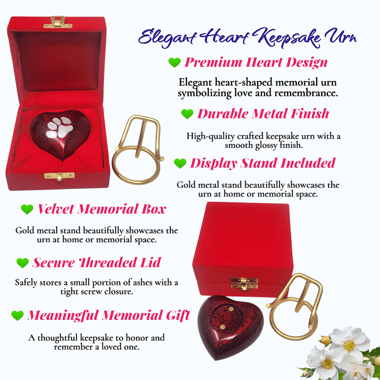 SMIURNS Crimson Red Speckled Heart Pet Cremation Urn - Small Keepsake Urn for Dog or Cat Ashes with Silver Paw Print - Includes Red Velvet Case and Display Stand