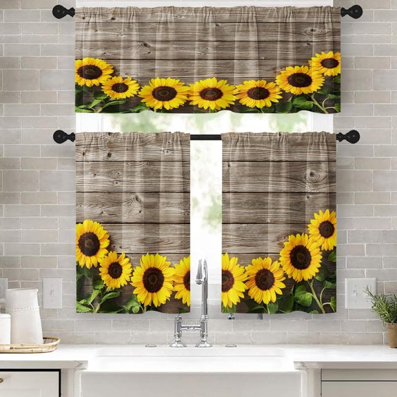 Sunflower Kitchen Curtains Summer Bees Window Curtains Valance and Tier Set of 3, Watercolor Sunshine Rod Pocket Short Tier Curtain, Black Small Kitchen Decor 54" x 24"
