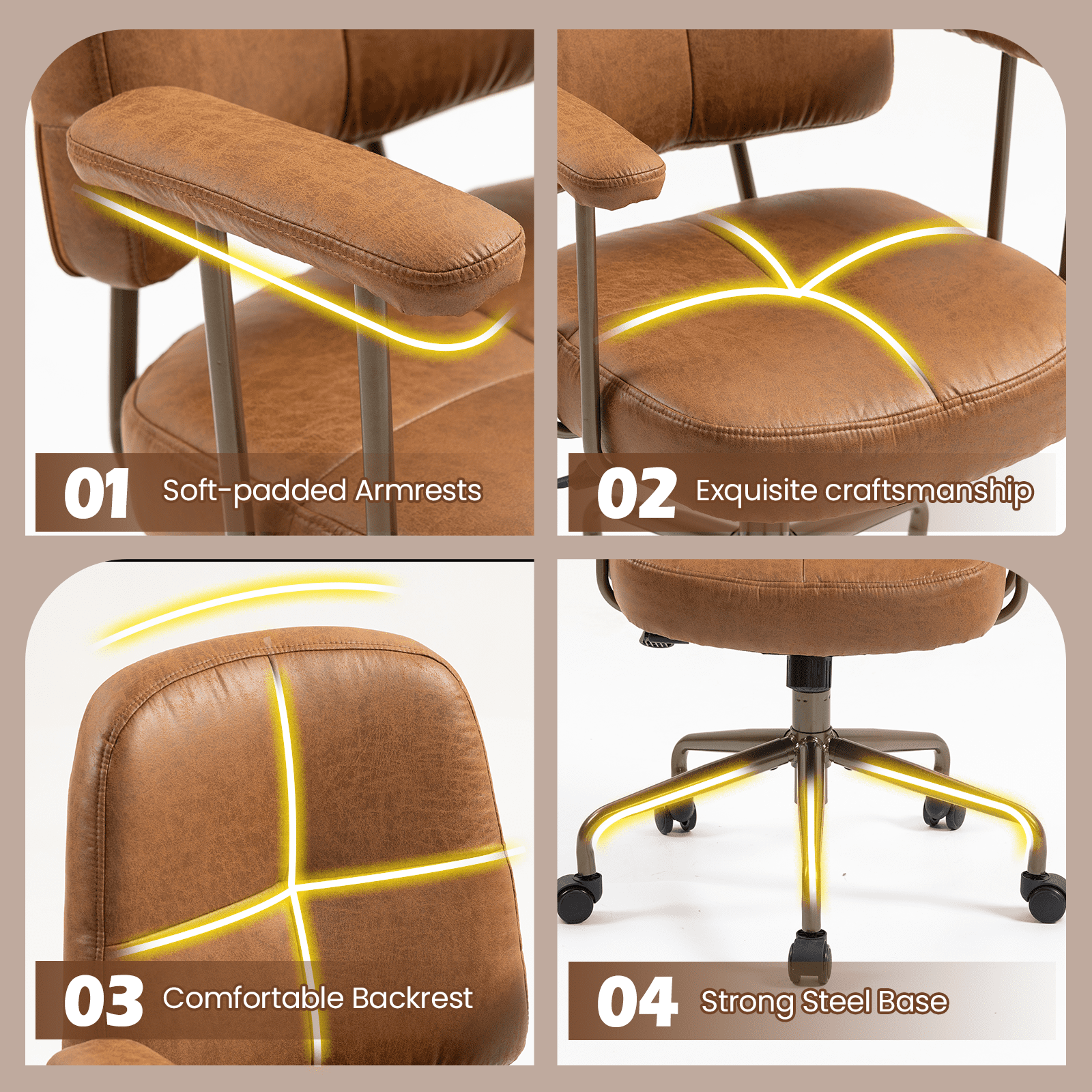 AVAWING Mid Century Modern Fabric Office Chair, Upholstered Desk Chair with Armrests, Brown(Brown Frame)