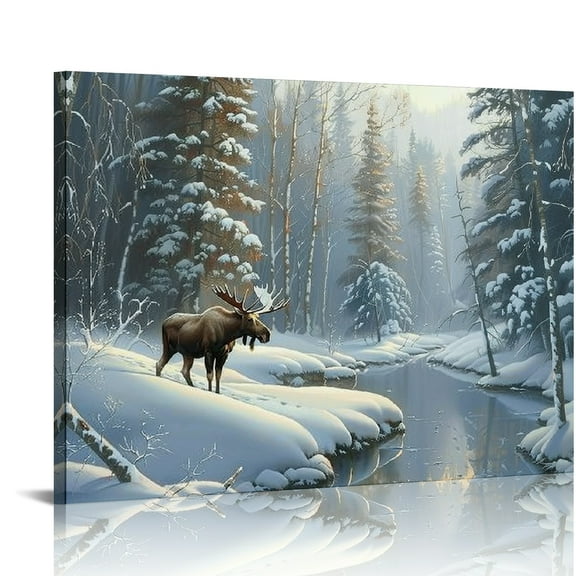 Creowell Moose Snow Forest Wall Decor Canvas Art Ready To Hang 16x12in