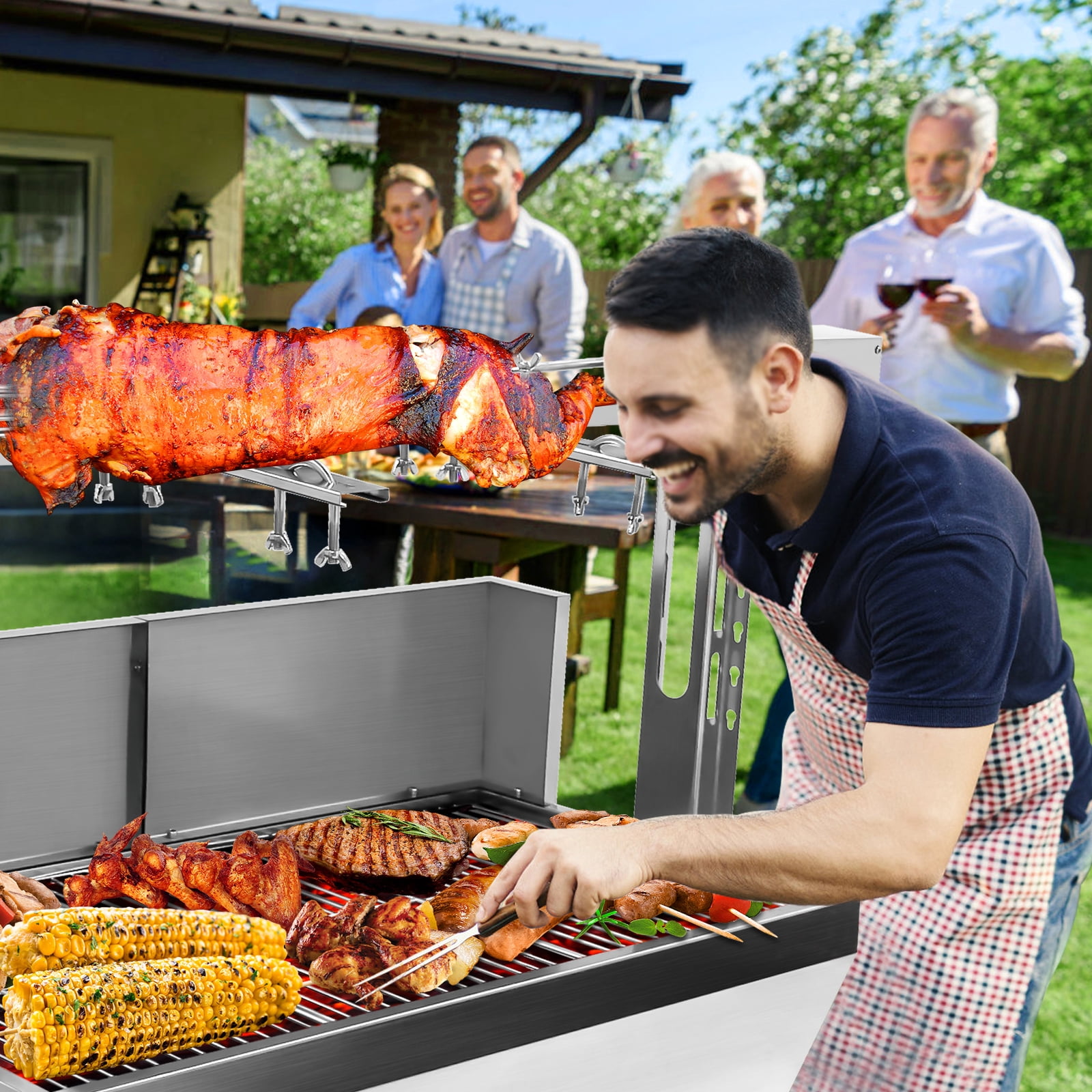 RIGMEC 25W Electric Grill, 132Lbs Stainless Steel Rotisserie, Portable Roasting Machine with Wheels, Motor & Wind Baffle for Pig, Chicken and Lamb Barbecue