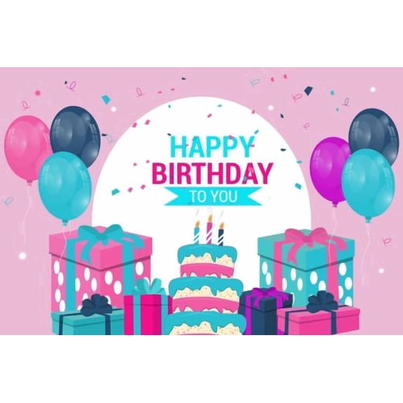 Happy Birthday to you with Cake, Presents, Balloons & Confetti Design Edible Icing Image Cake Topper, by Tnct.