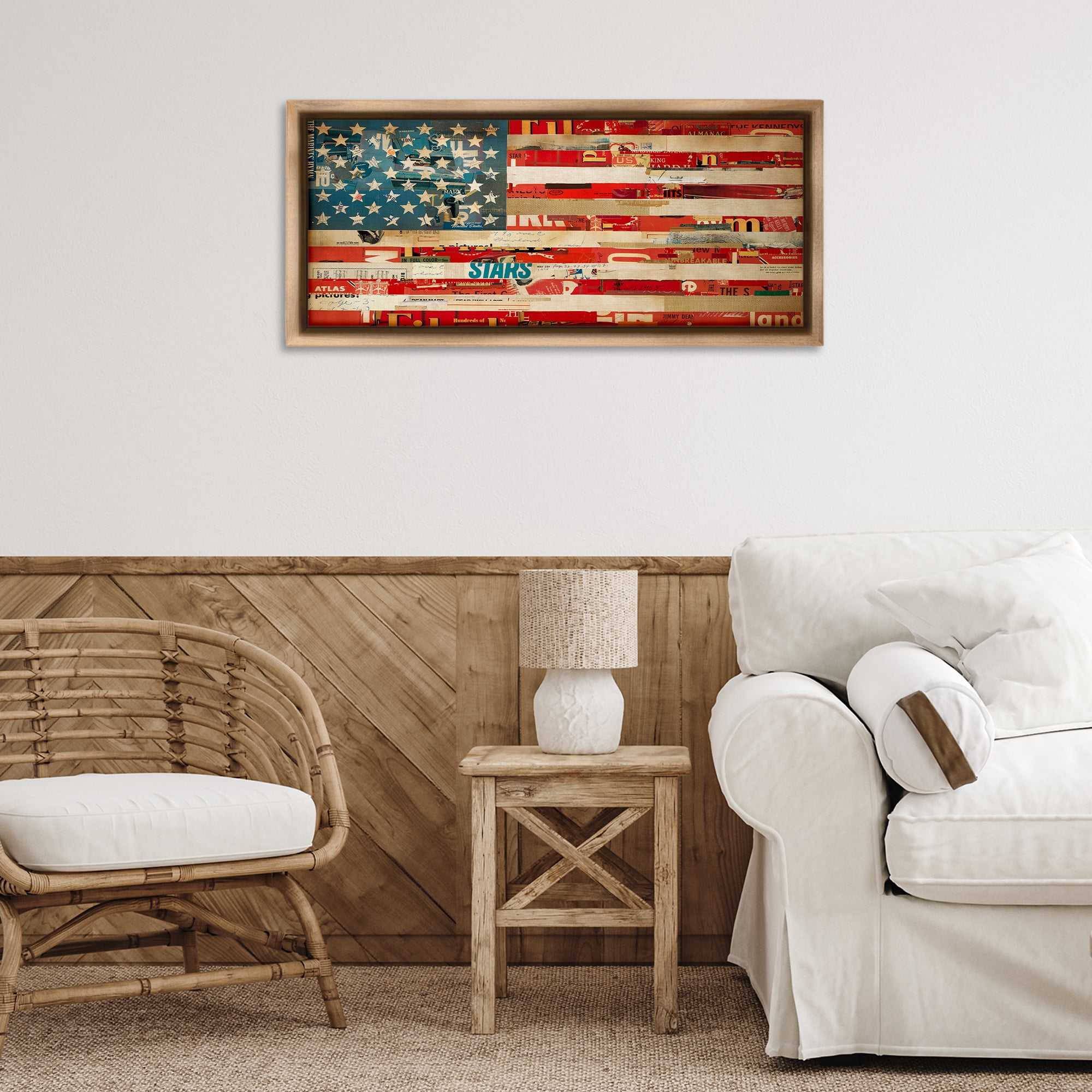 Stupell Industries Patriotic Collaged Flag Patriotic Painting Brown Floater Framed Canvas Art Print Wall Art, 31 x 14