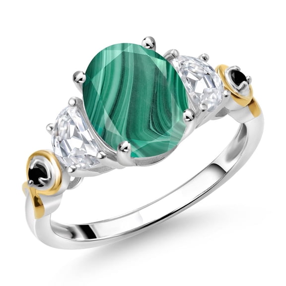 Gem Stone King 925 Silver and 10K Yellow Gold 3-Stone Ring Oval Green Malachite and Moissanite (3.01 Cttw, Size 6)