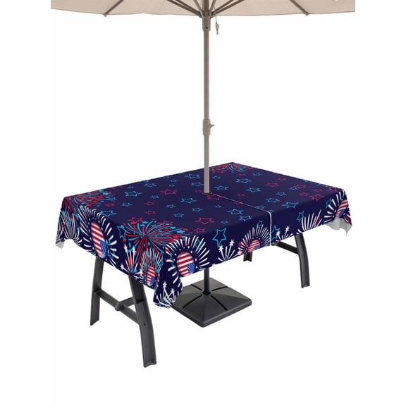Outdoor Tablecloths with Umbrella Hole & Zipper, Independence Day Rectangle Tablecloth 52x70 Inch, Blue Fireworks US Flag Stars Sparklers Modern Waterproof Table Cloth, Patio/Pool Table Covers