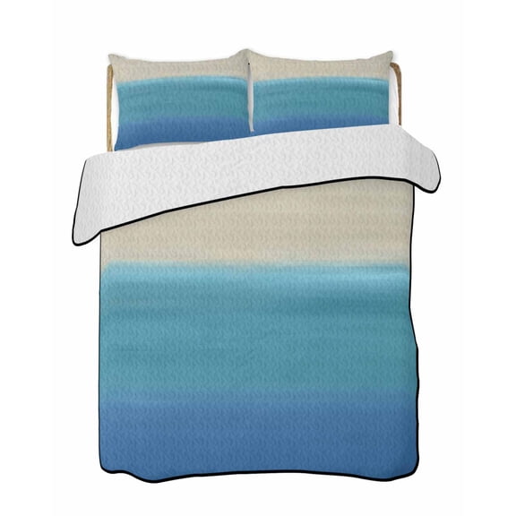 Twin Quilt Bedding Set, Blue Teal Beige Ombre Reversible Summer Quilt 3 Pieces, Modern Abstract Art Abstract Lightweight Bedspreads Coverlets with 2 Pillow Shams for All Seasons