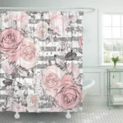 SUTTOM Seamless Pattern Pink Flowers and Leaves on Gray Background Shower Curtain 60x72 inch