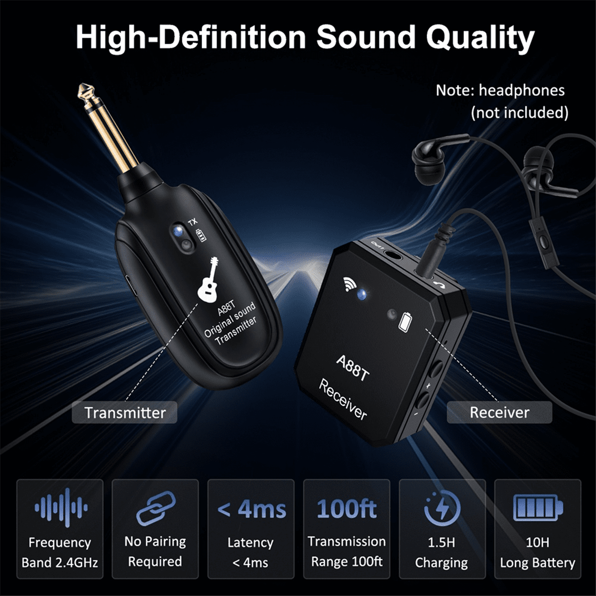 New A88T Wireless Guitar System Electric Guitar Pickup Audio Transmitter Receiver for Electric Guitar Bass Violin Guitar,1 x audio transmitter 1 x audio receiver 1 x Data cable,Black