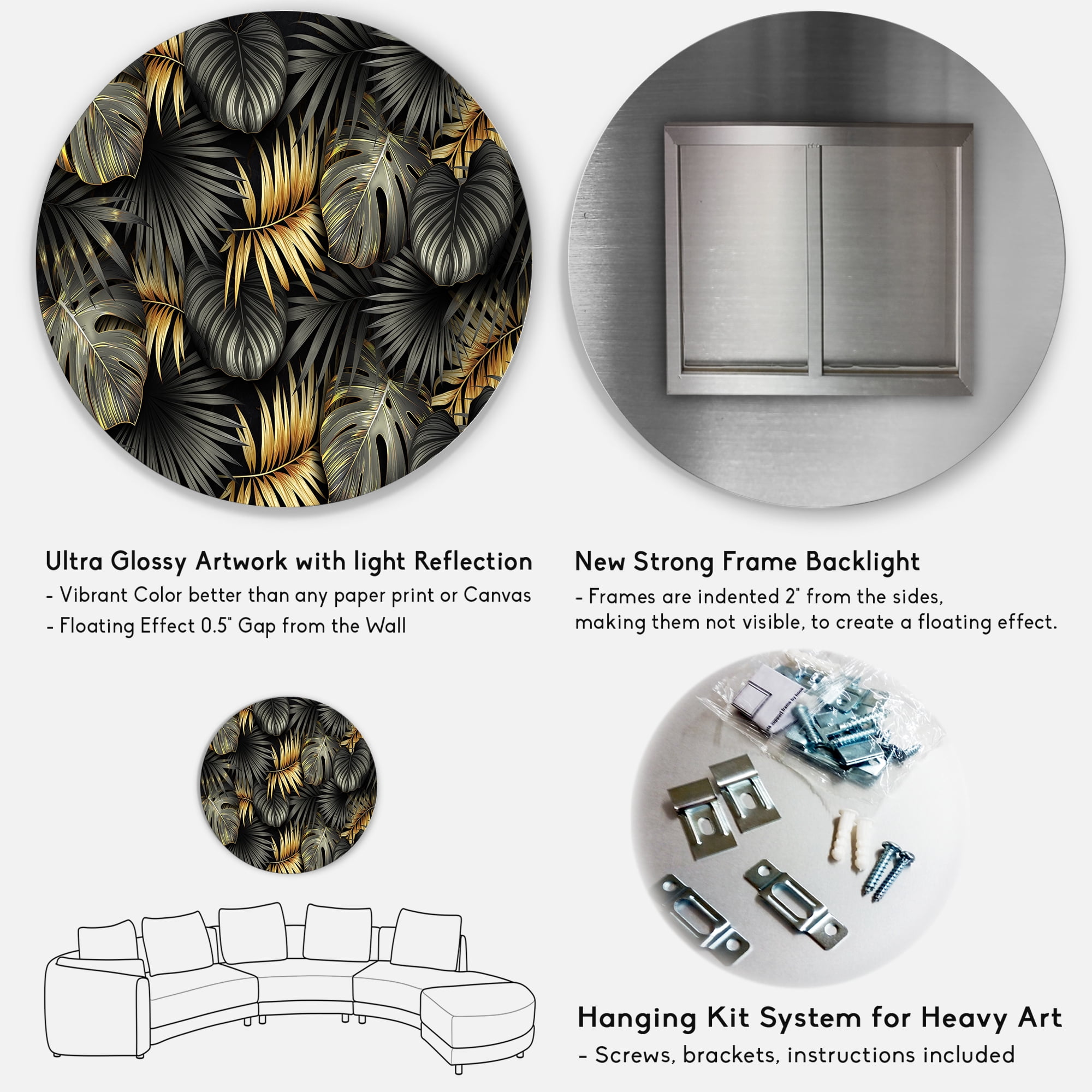Designart 'Gold and Black Tropical Leaves II' Modern Circle Metal Wall Art 29x29 - Disc of 29