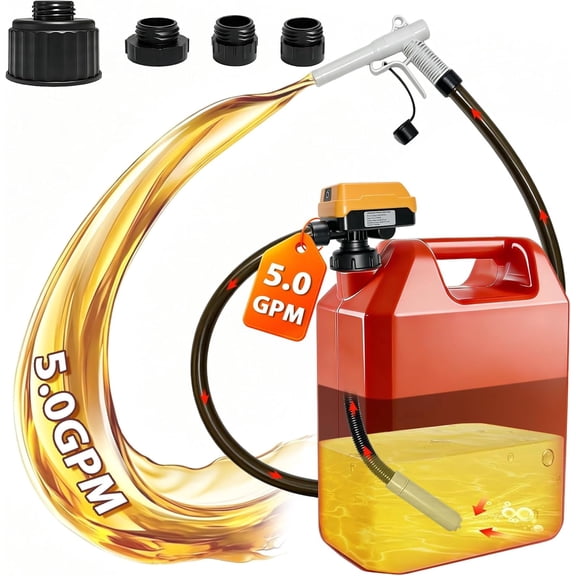 Fuel Transfer Pump 4 GPM Auto Stop Voice Alert Portable Gas Can Pump For Gasoline Diesel Compatible with DeWalt 18 20V Battery PVC Hose 4 Adapters Leak Proof Electric Gas Transfer Pump