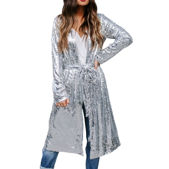 Autumn Winter New Ladys Coats Women'S Fashion Casual Silver Sequins Long Sleeve Long Button Belt Coat Cardigan