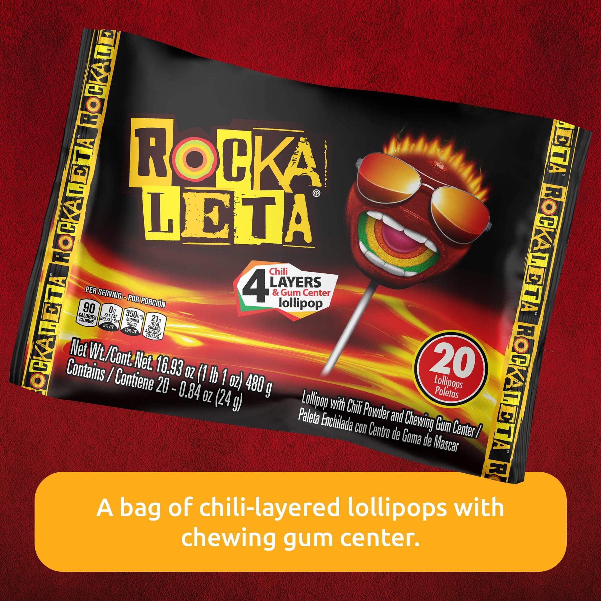Sonric's Rockaleta Lollipops, Mexican Lollipop with Bubble Gum Center, 20 Count