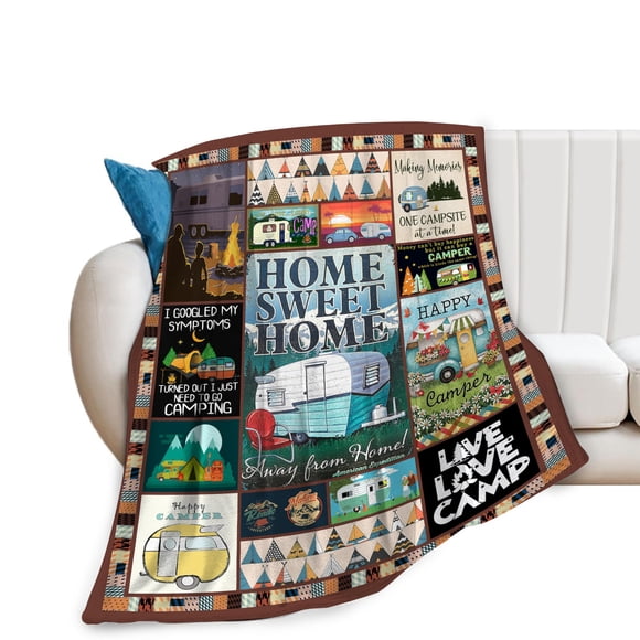 Camping Blanket Soft Warm Plush Throw Blanket Happy Camper RV Gifts for Camper Lover Cozy Lightweight Fuzzy Flannel Fleece Bedding Stuff Decor Blanket for Girls Kids Adults Women Bed Travel 40"x50"