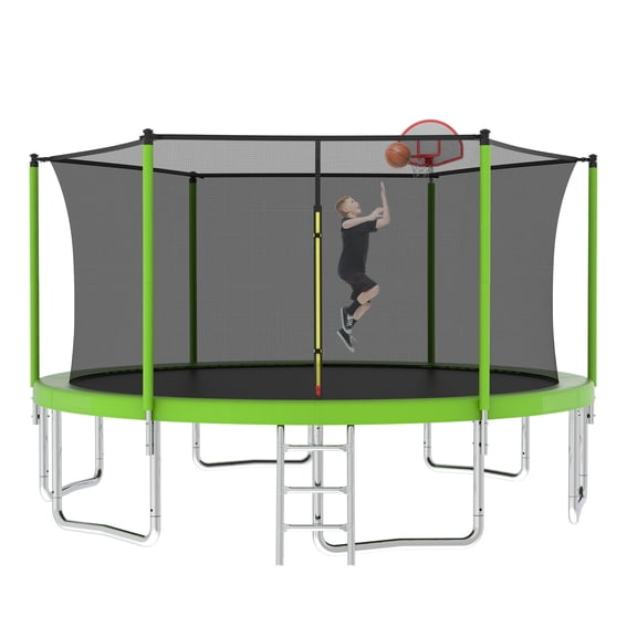 Leumius 14FT Trampoline with Basketball Hoop,Heavy-Duty Outdoor Trampoline with Enclosure Net,Upgraded Kids Recreational Trampoline for Kids and Adults,Green