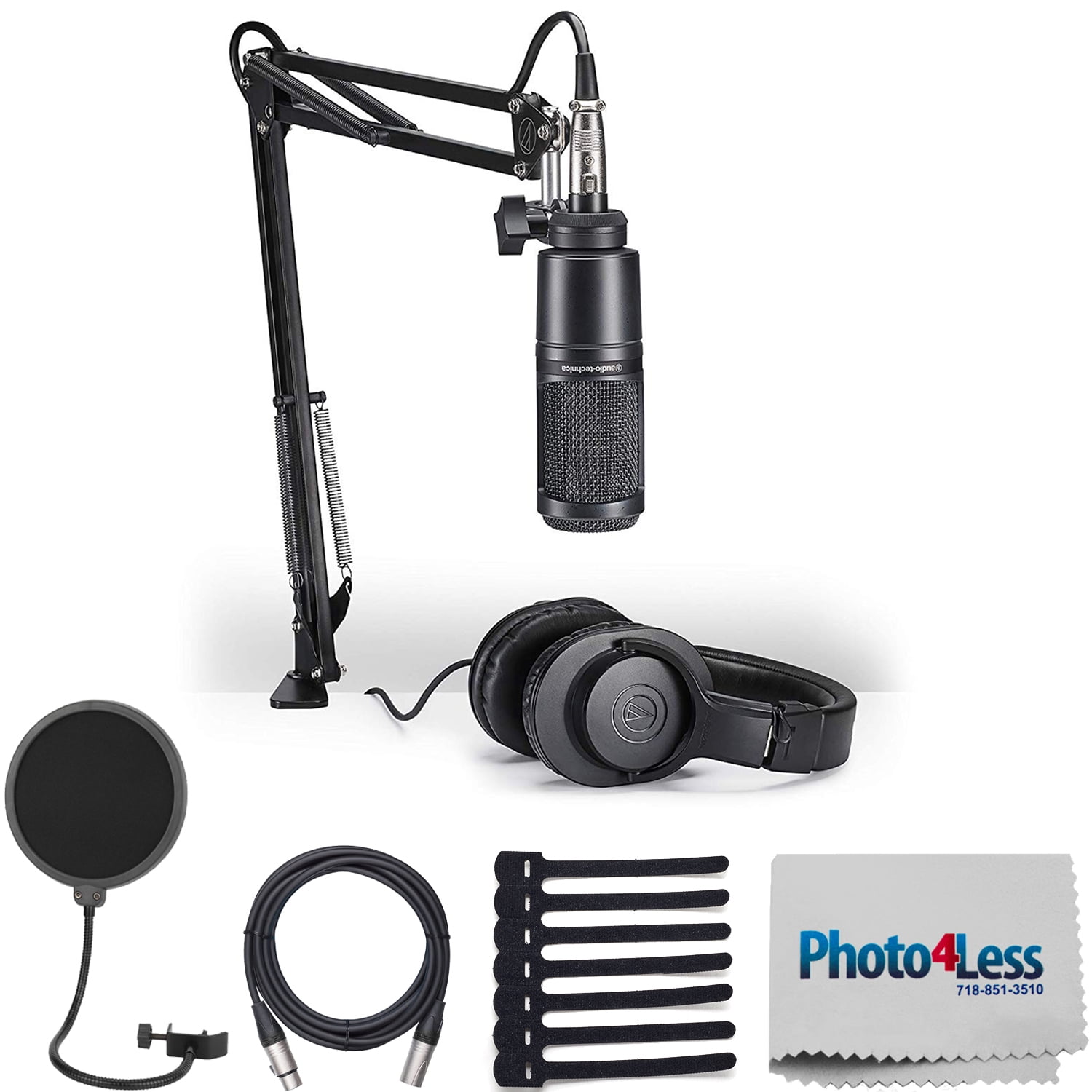 Audio-Technica AT2020 Cardioid Condenser Studio Microphone + On Stage  Dual-Screen Pop Blocker ASFSS6-GB + On Stage Euro Boom Microphone Stand +  Op/Tech Strapeez, Black 4301002 - Walmart.com