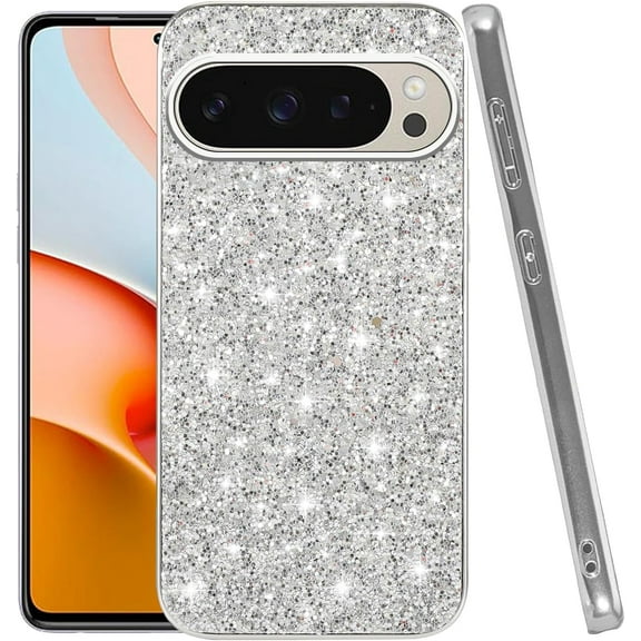 Compatible with Google Pixel 9 Pro XL Case Glitter Shockproof, for Google Pixel 9 Pro XL Phone Case Bling Sparkly TPU and PC Silicone Shiny Girl Women Thin Protective Cover (Silver)