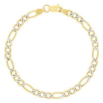 Nuragold 10k Real Yellow Gold Figaro Link 4.5mm Diamond Cut Two Tone Pave Chain Bracelet (7"-9") Italian Jewelry for Men & Women