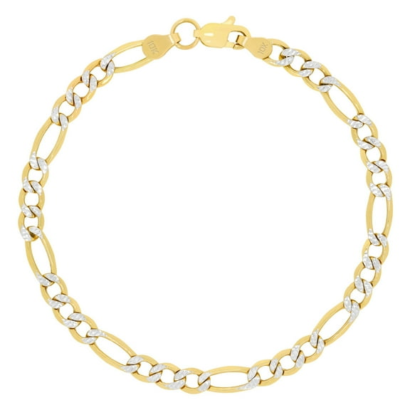 Nuragold 10k Real Yellow Gold Figaro Link 4.5mm Diamond Cut Two Tone Pave Chain Bracelet (7"-9") Italian Jewelry for Men & Women