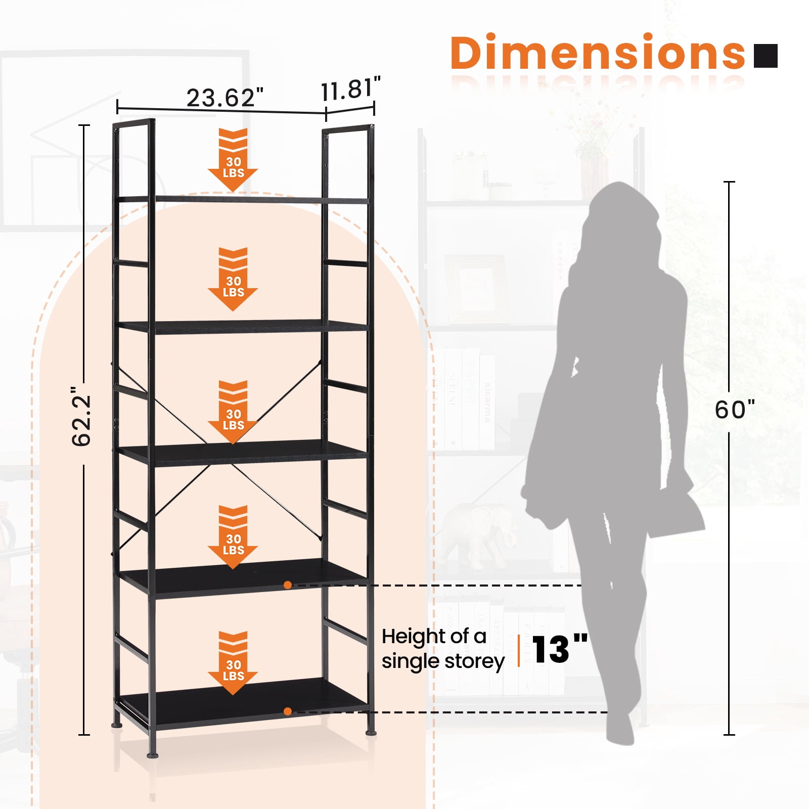 Aukfa 5 Tier Bookcase, Tall Bookshelf Storage Organizer for Home Office, Wood & Metal, Black