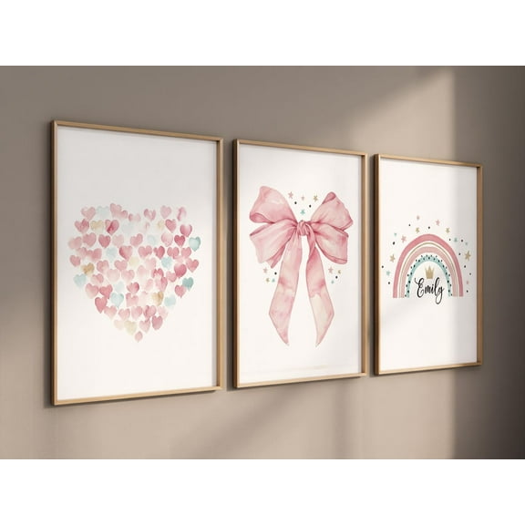 UNFFRAMED Luvia Set of 3 Bow Poster Wall Art, Pink Rainbow Bow Prints for Nursery and Baby Girl Room Decor Set 3 Prints 8x12