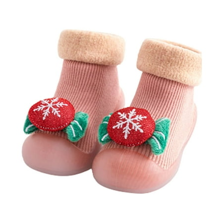 

Lovskoo 2024 Newborn Infant Toddler Baby Shoes Boys Girls Non-Slip Christmas Winter Warm Plush Indoor 0-3 Years Old Baby Socks Booties First Walking Shoes Pink