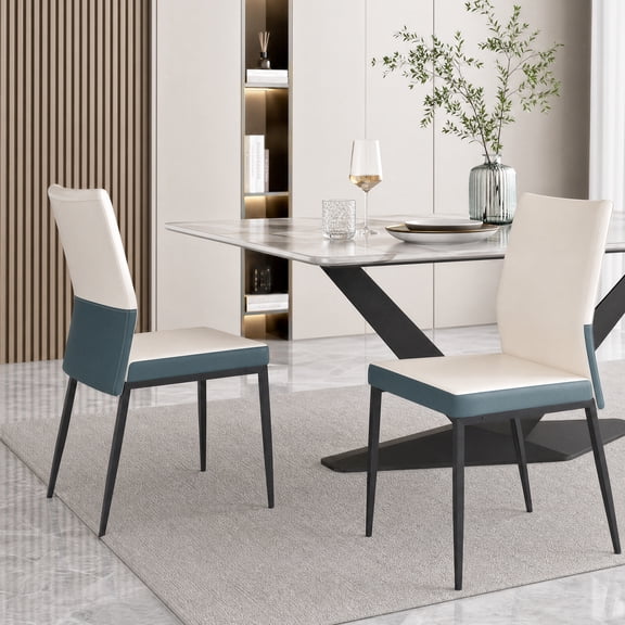 Manora Two-Tone Cream & Teal Faux Leather High Back Armless Dining Chairs, Set of 4 Black Metal Legs.