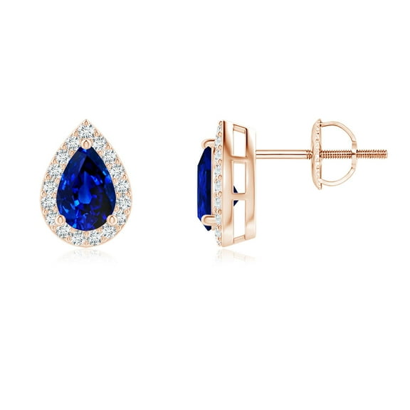 ANGARA Natural Pear-Shaped Sapphire Halo Stud Earrings in 14K Rose Gold for Women (Size-6x4mm) | September Birthstone, Birthday, Anniversary, Jewelry Gift for Women | Natural Blue Sapphire Earrings
