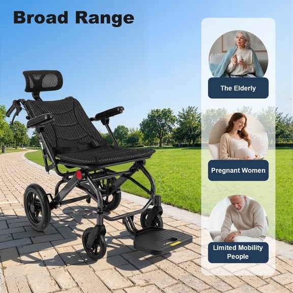 Reclining Wheelchair Folding Transport Wheelchair for Elderly&Pregnant Women