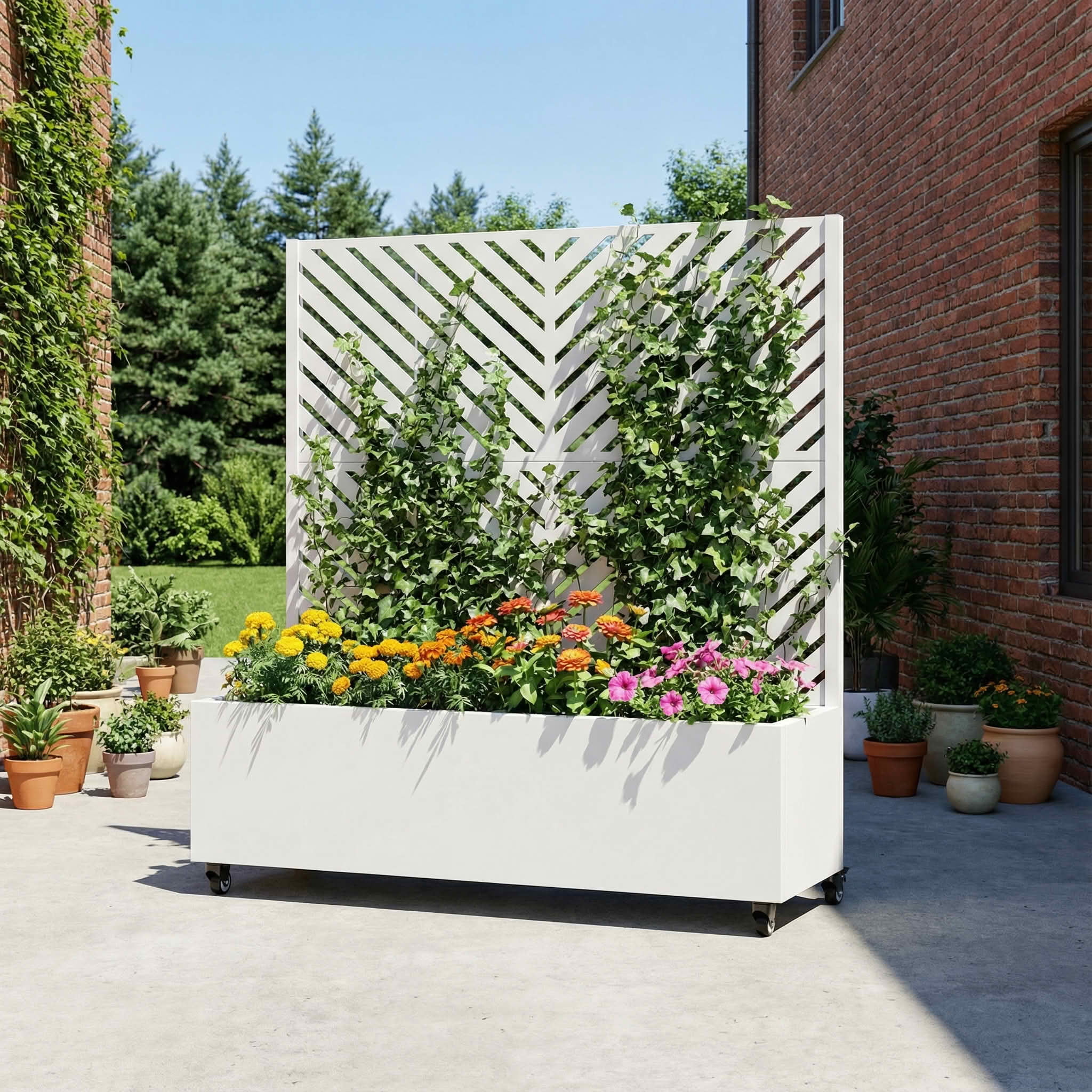MAYEERTY 47X47" Metal Outdoor White Privacy Screen with Planter Box for Backyard & Garden, 2 Piece Set